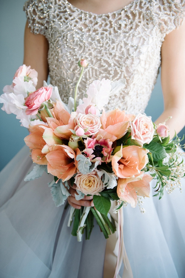 Crystal Wedding Dress with a Pastel Spring Bouquet