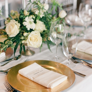 Organic Glam Gold Place Setting with Green and White Wedding Flowers