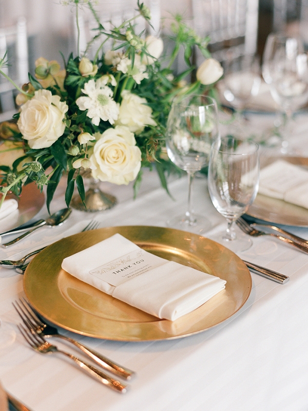 Organic Glam Gold Place Setting with Green and White Wedding Flowers