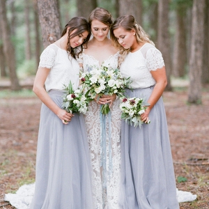Nude Lace Wedding Dress with Blue and White Bridesmaid Dresses