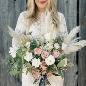 A Coastal Wedding bouquet with Neutral Flowers and Pampas Grass