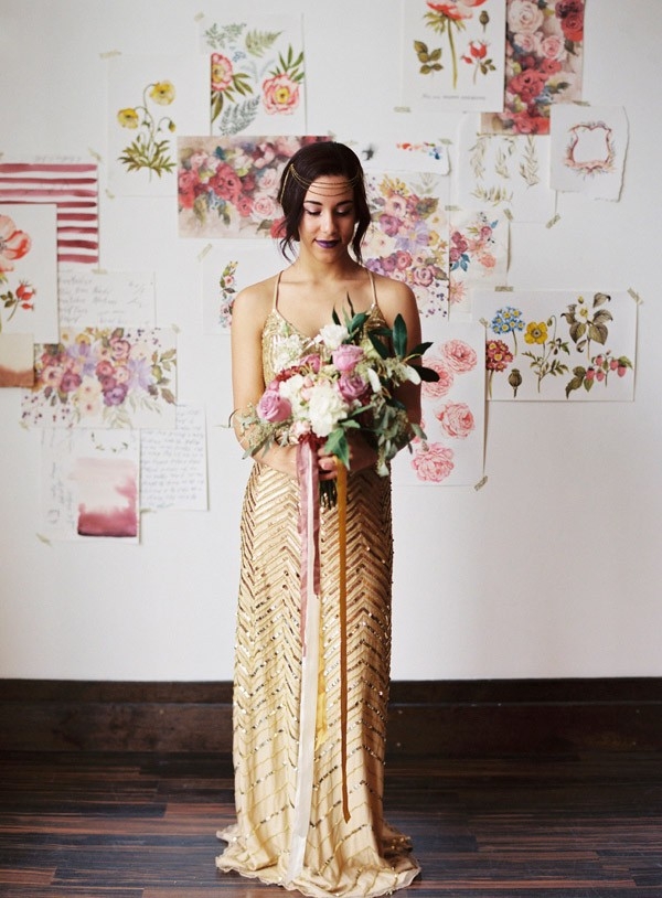 A Geometric Gold Sequin Wedding Dress and Botanical Floral Prints