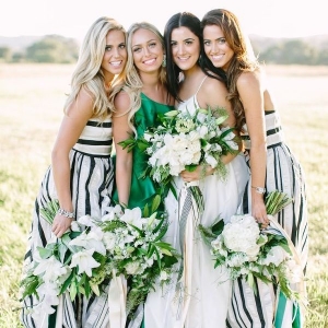 Bridesmaids in Floor Length Black and White Striped Dresses