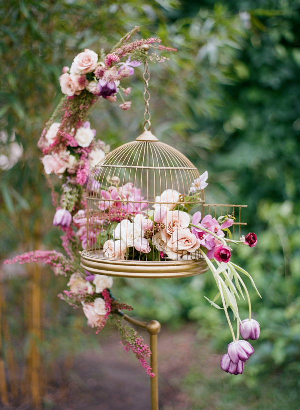 Vintage Gold Birdcage with Purple Garden Flowers