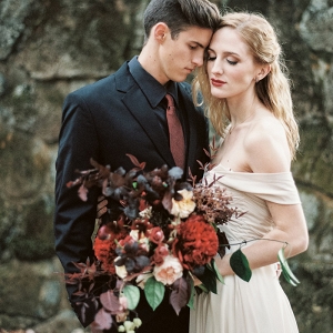 Moody Fairy Tale Wedding Shoot with a Blush Dress and Burgundy Flowers