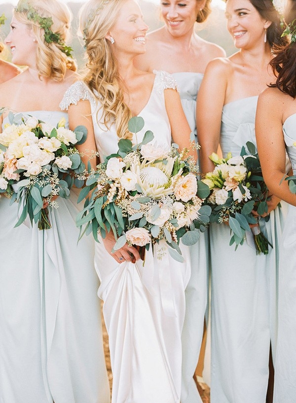 Naturally Elegant Bridesmaids in Blue Silk with Eucalyptus Bouquets