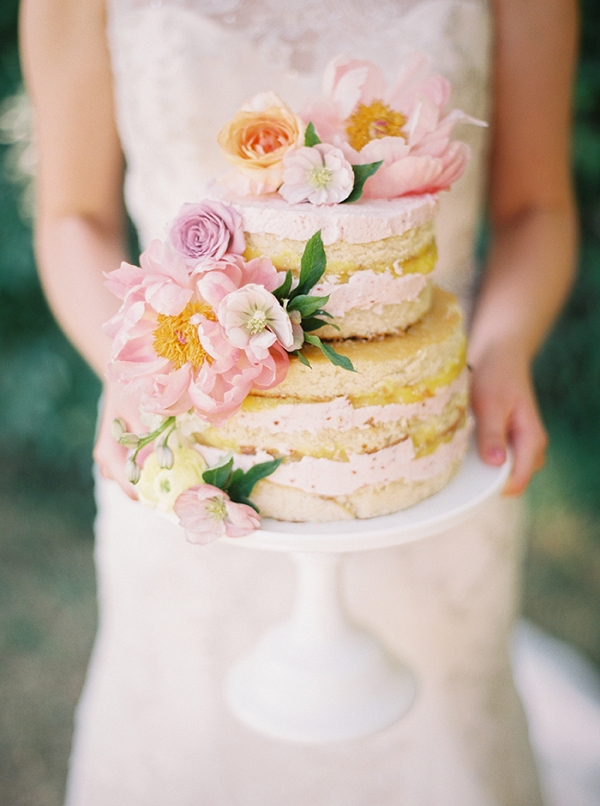 Floral Topped Naked Wedding Cake with Pastel Garden Flowers