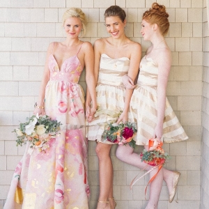 Pink Floral Print Wedding Dress with Preppy Gold Striped Bridesmaids!