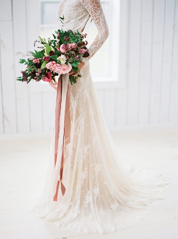 Dramatic Lace Wedding Dress with a Blackberry Bouquet