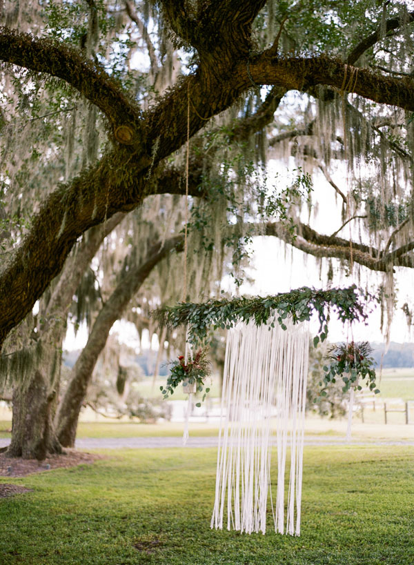 Rustic Ceremony Backdrop with Hanging Ribbons