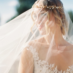 Veiled Bride with a Delicate Gold Headpiece