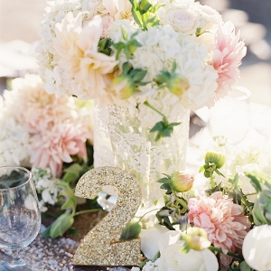 Blush and Ivory Garden Centerpiece with Glittering Gold Table Numbers