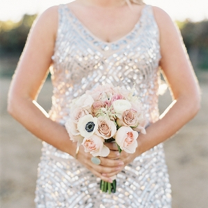 Silver Sequin Bridesmaid Dress with a Blush Bouquet
