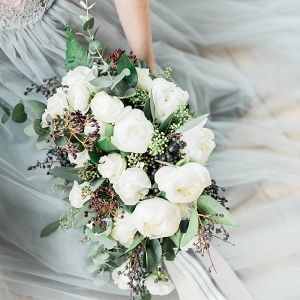 Bouquet of Winter Greenery and White Peonies