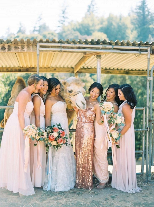 Bridesmaids in Mismatched Blush and Sequin Dresses