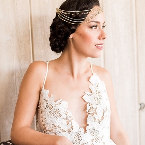 Modern Lace Sheath Wedding Dress with a Boho Glam Headpiece