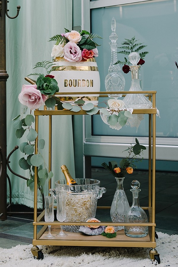 Gold and Crystal Bar Cart with Greenery and Flowers