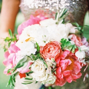 Bold Summer Bouquet with Coral Peonies and a Sparkling Bridesmaid Dress
