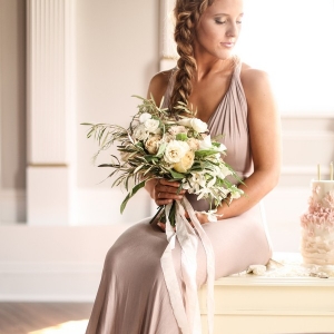 Romantic Engagement Style with a Champagne Dress and a Neutral Bouquet 