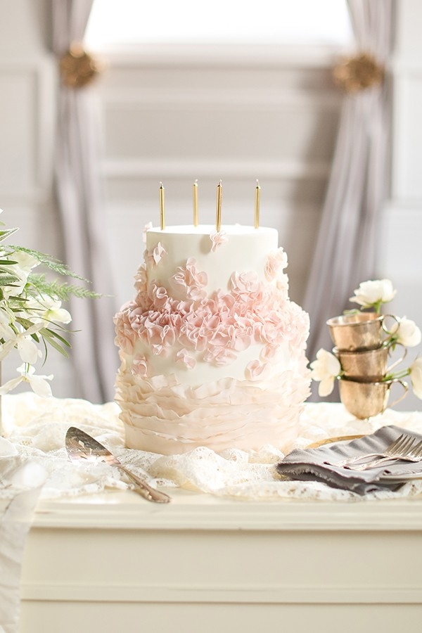 Ivory, Blush, and Gold Ruffled Wedding Cake 