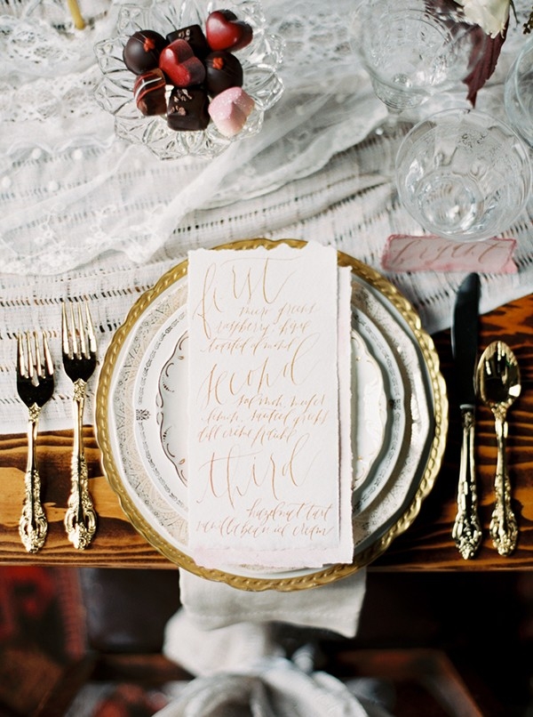 Blush and Gold Place Setting with a Calligraphy Menu