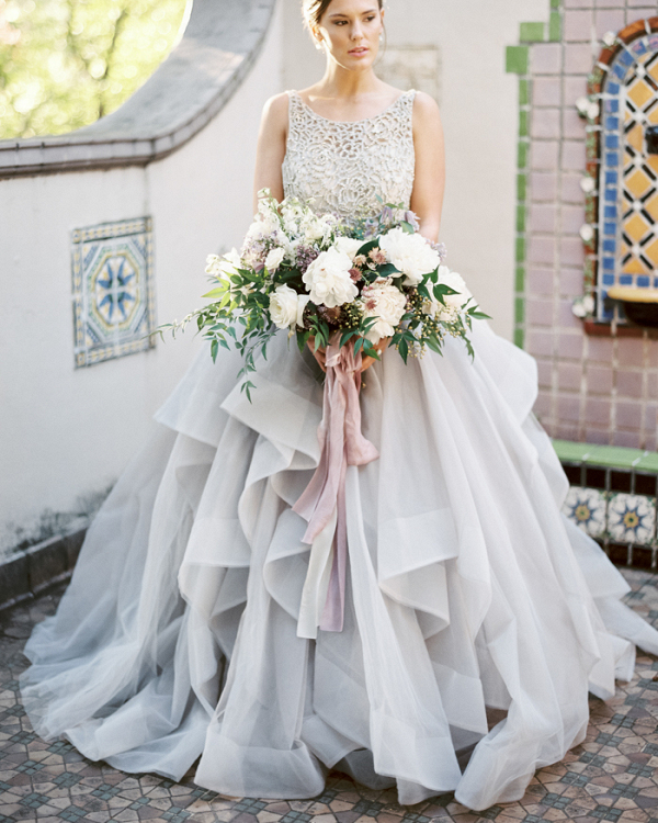Pastel Lilac Wedding Dress with an Organic Bouquet