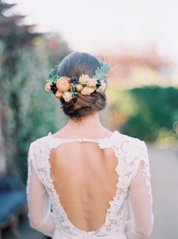 Floral Bridal Hairpiece with a Low Back Lace Wedding Dress