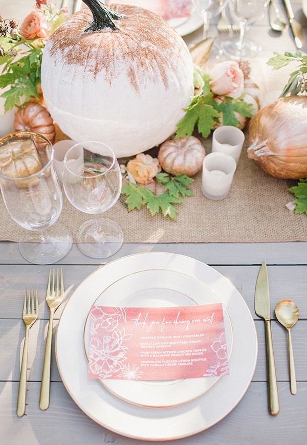 Country Place Setting with Metallic Pumpkins and Rose Gold Accents