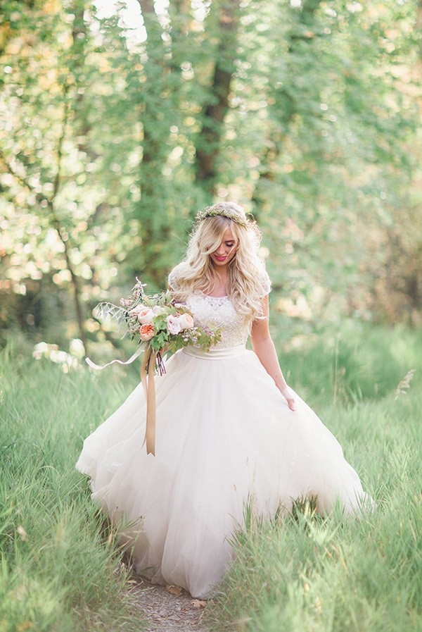 Romantic Woodland Bride in a Flowing Ball Gown