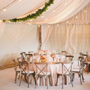 Romantic Draped Wedding Reception with Greenery Garlands and Blush Sequins