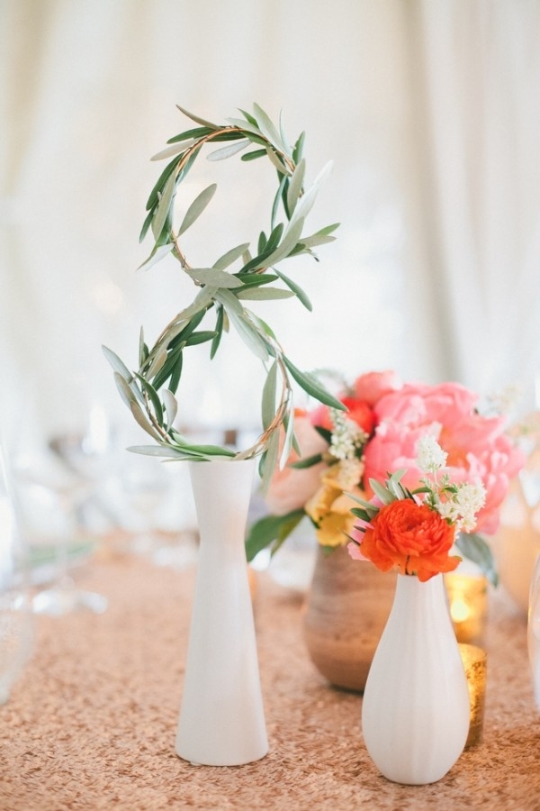Greenery Table Numbers with Colorful Coral and Yellow Centerpieces