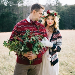 Cozy Bride and Groom Portraits with a Winter Bouquet and Holiday Sweaters