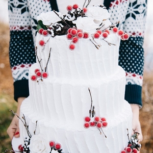 Rustic Winter Wedding Cake with Sugar Berries and Pinecones