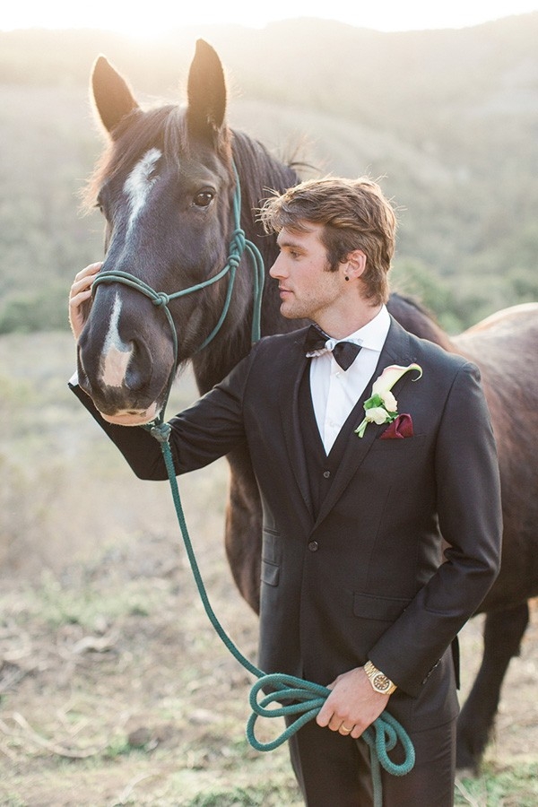 Groom with a Black Three Piece Suit  and a Horse
