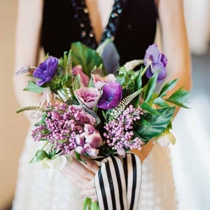 Modern Purple Bouquet with Black and White Striped Ribbon