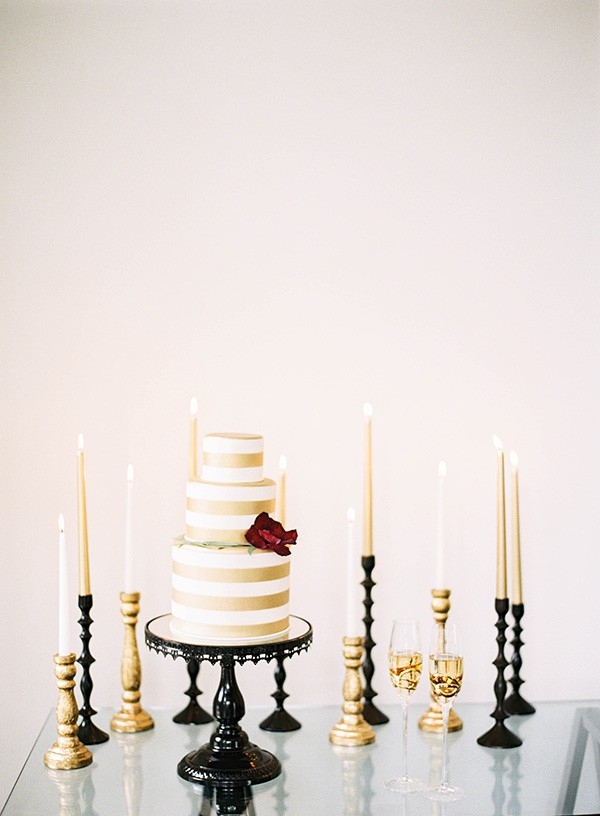 Preppy White and Gold Striped Wedding Cake