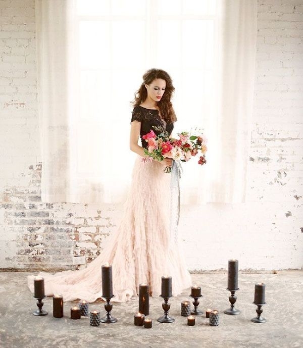 Dramatic Bride in Black and Blush Surrounded by Candles