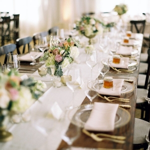 Elegant Rustic Farm Table with Linen Runners and Blush Flowers
