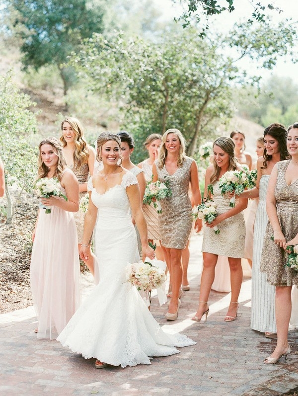 Bridesmaids in Mismatched Sparkling Dresses in Ivory, Champagne and Neutral Shades