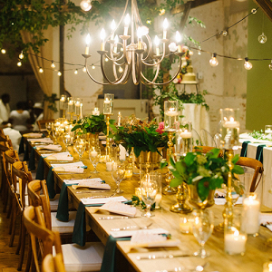 Emerald Gold Wedding Reception with Industrial Details