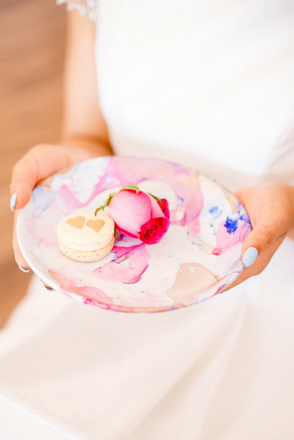Artsy Glam Wedding Inspiration - pink painted china with macarons