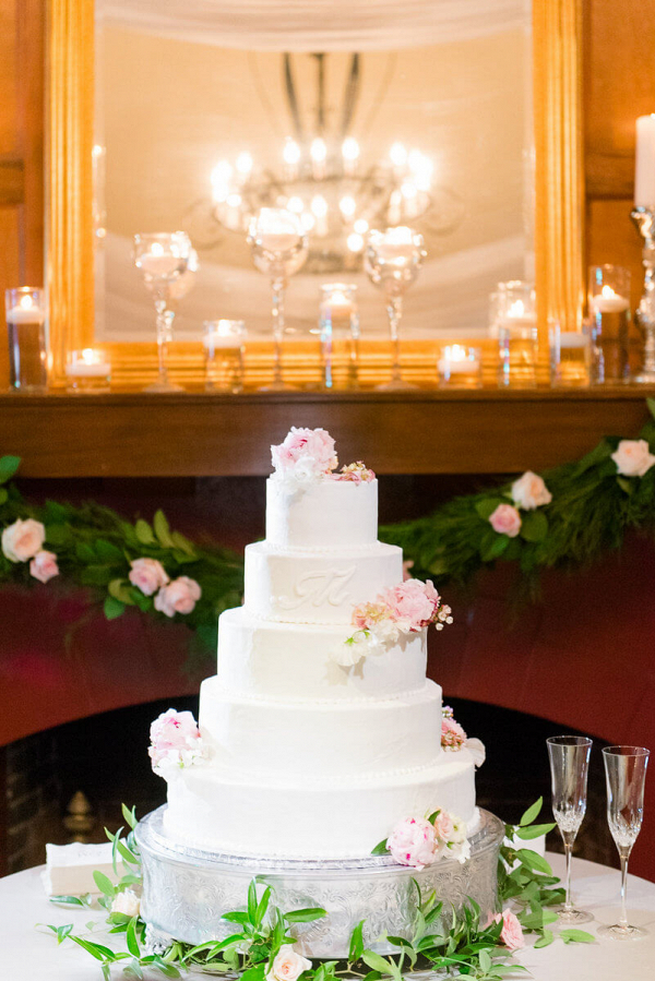 Elegant Country Club Wedding - White and pink floral wedding cake