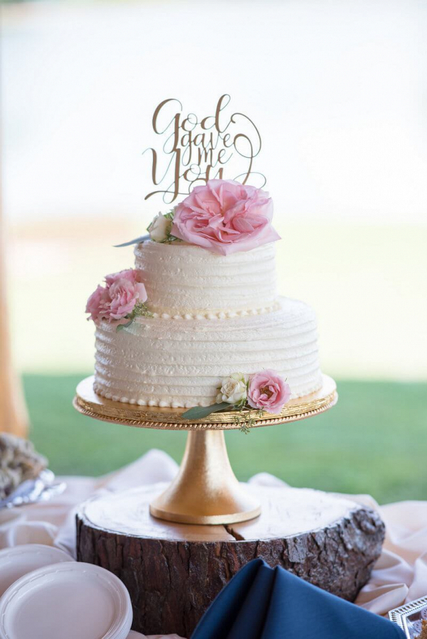 Rustic-Romantic-Outdoor-Wedding-white-and-pink-cake-with-God-gave-me-you-topper