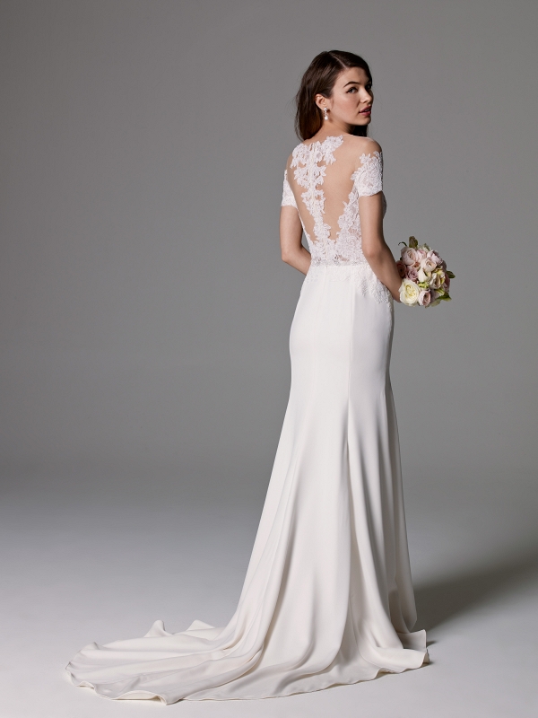 Watters Seaton Off Shoulder Lace Trumpet Wedding Gown