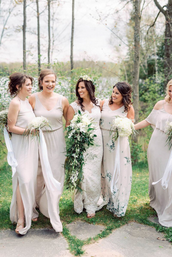 Vintage-Boho-Inspired-Barn-Wedding-Neutral-colored-bridesmaids