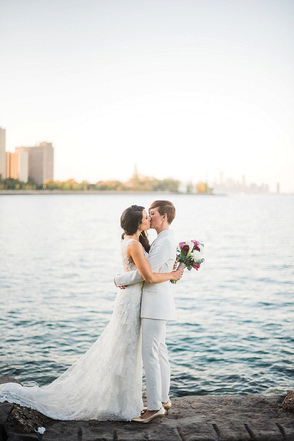 Brides on lakefront