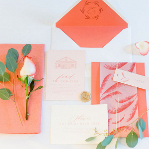 Coral illustrated invite with pampas grass details