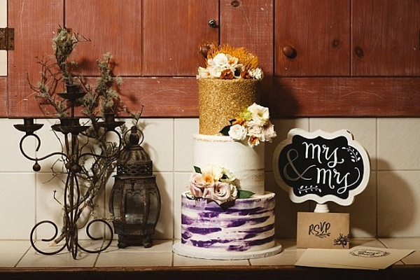 Gold and purple wedding cake
