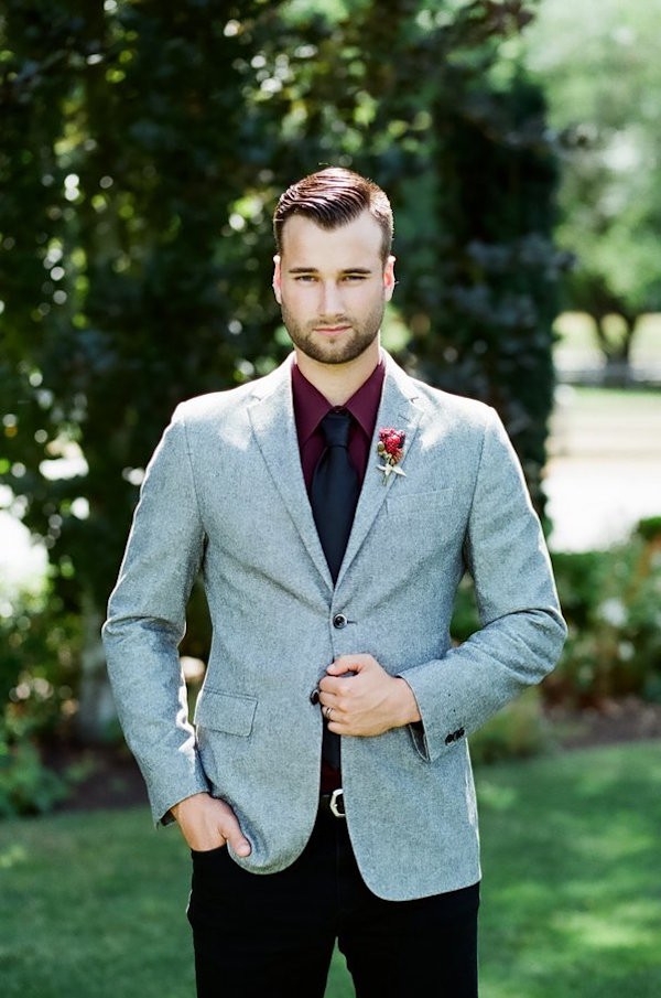 Gray and Burgundy Grooms Suit