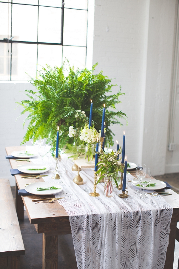 Navy and Green Tablescape with Lace Runner